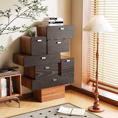 Wooden Decorative Cabinet with Multiple Dark Drawers in Interior with Plant Books and Table Lamp 3d model
