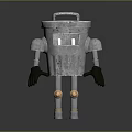 Silver Metal Robot Character With Bucket Shaped Body Eye Windows Arms And Legs
