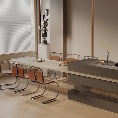 Modern Dining Table Set With Four Metal Frame Chairs And Light Tabletop In Open Kitchen Area 3d model