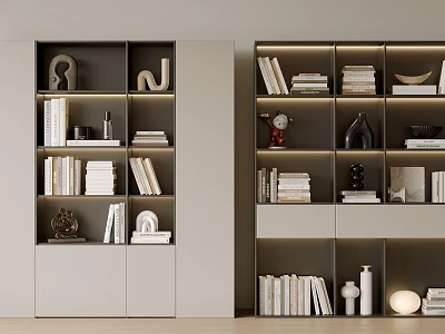 Modern Minimalist Bookcase With Layered Shelves Books Decorative Sculptures And Lighting 3d model