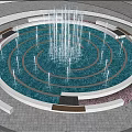 Circular Public Fountain With Water Jets Surrounded By Trees And Paved Ground