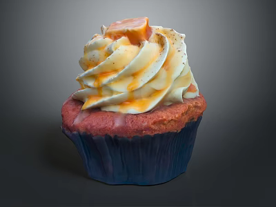 Delicious Cupcake With Red Cake Base Blue Liner White Frosting And Orange Drizzle 3d model