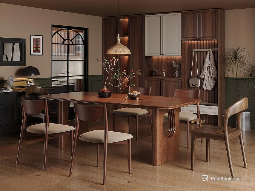 Elegant Modern Restaurant Interior With Wooden Dining Table Comfortable Chairs Pendant Light And Green Plant 3d model 