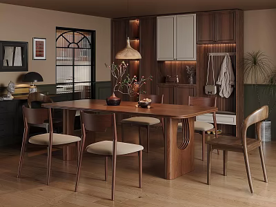 Elegant Modern Restaurant Interior With Wooden Dining Table Comfortable Chairs Pendant Light And Green Plant 3d model