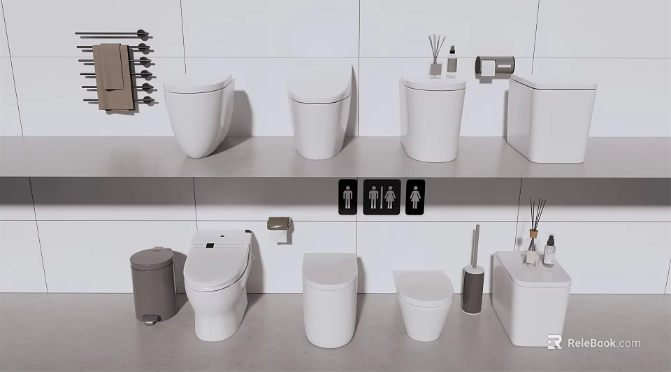 Modern Bathroom Display With Various Style Toilets And Accessories On Shelves 3d model 