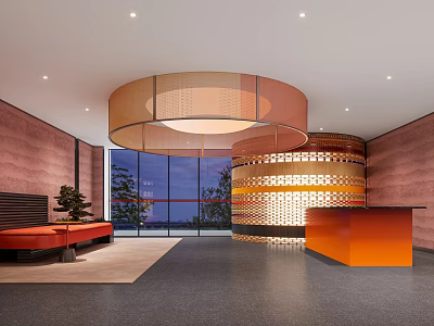 Modern Front Desk Reception Area With Circular Decorative Light Orange Counter And Red Sofa 3d model