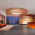 Modern Front Desk Reception Area With Circular Decorative Light Orange Counter And Red Sofa