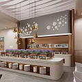 Modern Café Interior With Tables Chairs Hanging Lights Plants And Black White Patterned Floor