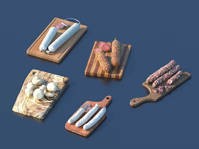 Various Fresh Sausages and Mushrooms Arranged on Wooden Cutting Boards 3d model