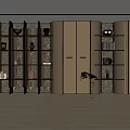 Elegant Decorative Cabinet With Wooden Shelves Vases Bowls And Books