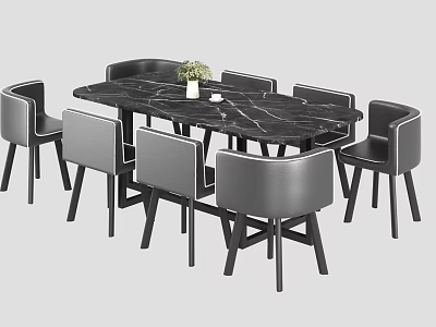 Modern Living Dining Room Interior With Marble Dining Table Grey Chairs And Potted Plant 3d model