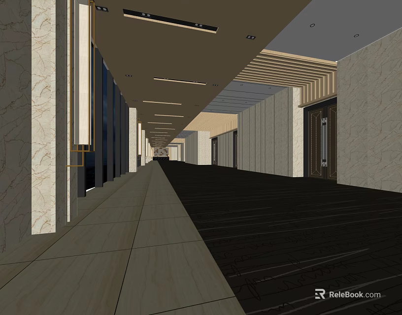 Elevator Hallway Design With Marble Walls Wooden Ceiling And Lighting Strips 3d model 