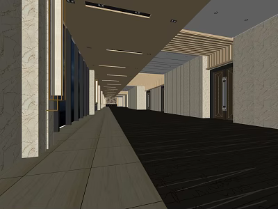 Elevator Hallway Design With Marble Walls Wooden Ceiling And Lighting Strips 3d model