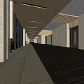 Elevator Hallway Design With Marble Walls Wooden Ceiling And Lighting Strips