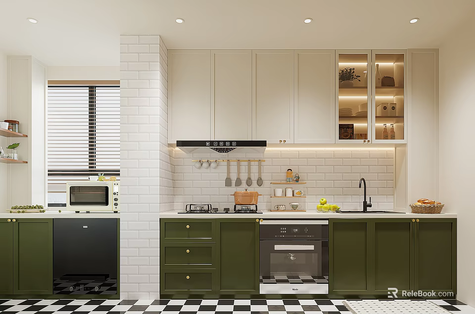 Modern Kitchen Interior With White Upper Cabinets Green Lower Drawers And Checkered Floor 3d model 