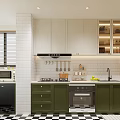 Modern Kitchen Interior With White Upper Cabinets Green Lower Drawers And Checkered Floor