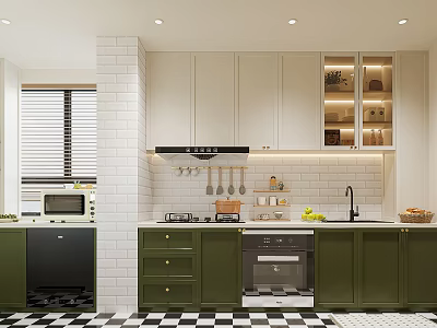 Modern Kitchen Interior With White Upper Cabinets Green Lower Drawers And Checkered Floor 3d model