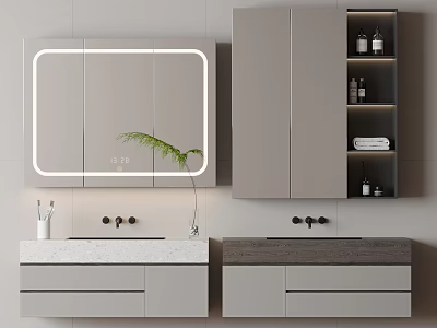 Modern Bathroom Double Vanity With LED Backlit Mirror Storage Cabinets And Green Plant Decor 3d model