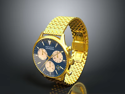 Elegant Gold Wristwatch With Blue Dial Golden Mesh Strap Three Sub Dials And Date 3d model
