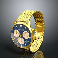 Elegant Gold Wristwatch With Blue Dial Golden Mesh Strap Three Sub Dials And Date