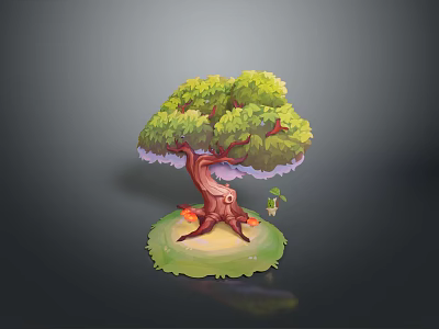 Large Tree With Brown Trunk And Green Canopy On Green Grass With Small Plant 3d model
