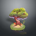 Large Tree With Brown Trunk And Green Canopy On Green Grass With Small Plant