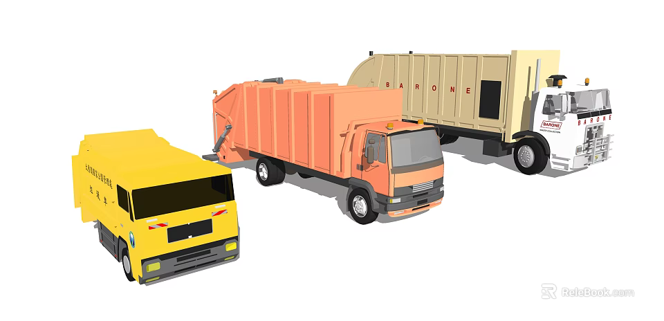 Yellow Orange And Beige Garbage Trucks For Waste Management Services 3d model 