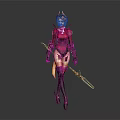 Game And Movie Fantasy Character In Red Outfit With Horned Headpiece Sword And Black Accessories