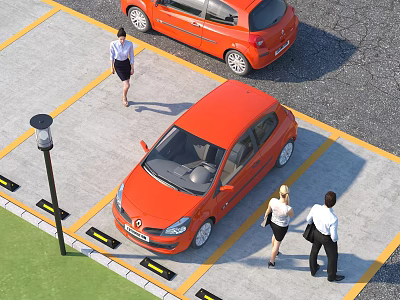 Orange Small Cars Parked in Urban Parking Lot With People Walking and Yellow Lines 3d model