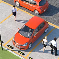 Orange Small Cars Parked in Urban Parking Lot With People Walking and Yellow Lines