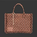Brown And Beige Woven Tote Bag With Fringed Edges And Leather Patch