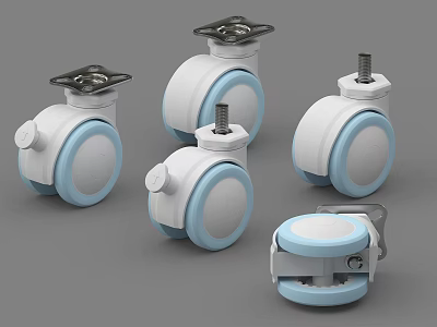 Five White and Blue Casters with Brake Mechanism on Gray Background for Medical Furniture Use 3d model