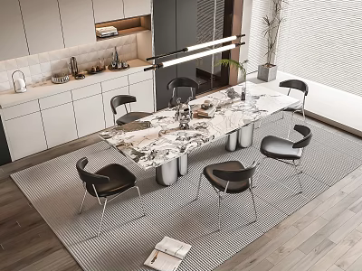 Elegant Modern Dining Table Set With Marble Top Black Chairs And Area Rug 3d model