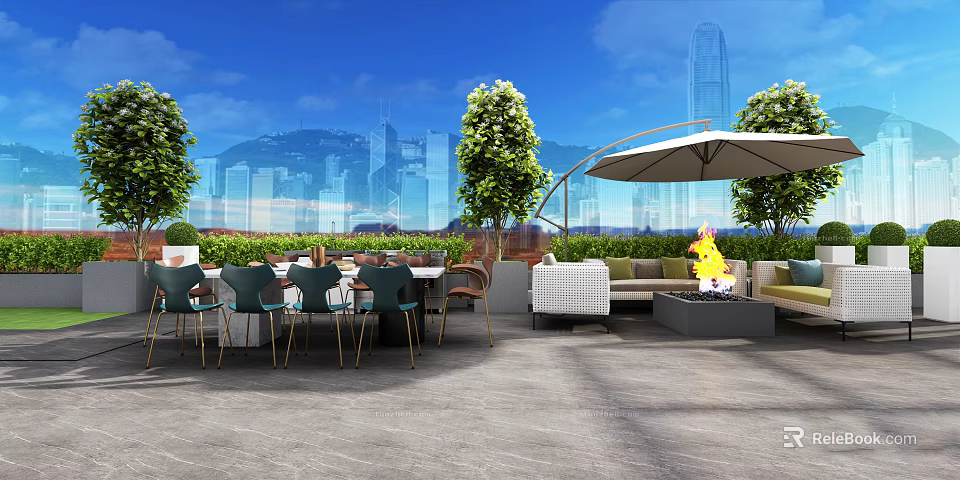 Relaxing Roof Garden with Outdoor Furniture Trees Fire Pit City Background Blue Sky 3d model 