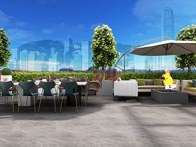 Relaxing Roof Garden with Outdoor Furniture Trees Fire Pit City Background Blue Sky 3d model