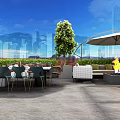 Relaxing Roof Garden with Outdoor Furniture Trees Fire Pit City Background Blue Sky