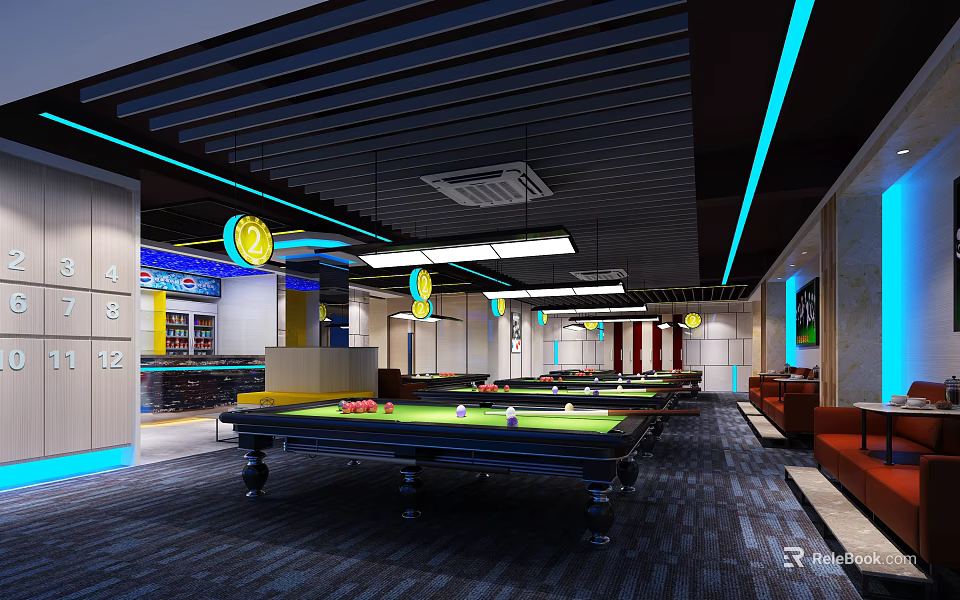 Modern Billiard Room Interior Design With Multiple Tables Ceiling Strip Lights And Seating Area 3d model