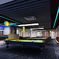Modern Billiard Room Interior Design With Multiple Tables Ceiling Strip Lights And Seating Area 3d model