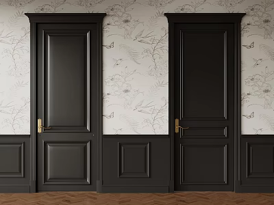 Elegant Black Doors With Golden Handles On Floral Wallpaper And Wooden Floor 3d model