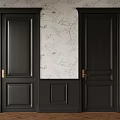 Elegant Black Doors With Golden Handles On Floral Wallpaper And Wooden Floor
