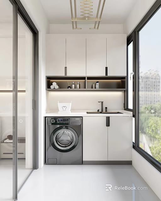 Modern Home Balcony Laundry Space With Washing Machine Wall Cabinets And Counter And City View 3d model 