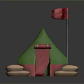 Green Outdoor Tent Furniture With Red Flag And Beige Base Mats