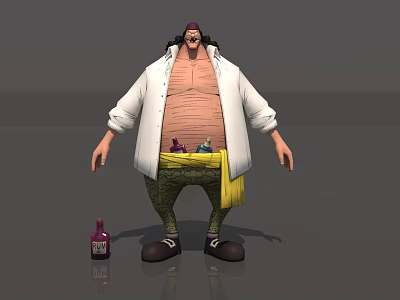 Muscular Bearded Game Character With White Open Shirt Green Pants And Purple Bottle 3d model