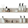 Neatly Arranged Wooden Shelves With Dishwashing Liquid Soap Lotion Aromatherapy Diffuser Brush And Soap Bar