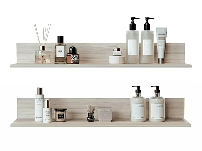 Neatly Arranged Wooden Shelves With Dishwashing Liquid Soap Lotion Aromatherapy Diffuser Brush And Soap Bar 3d model