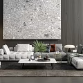 Modern Sofa Coffee Table Set With Throw Pillows Green Plant Wall Art And City View