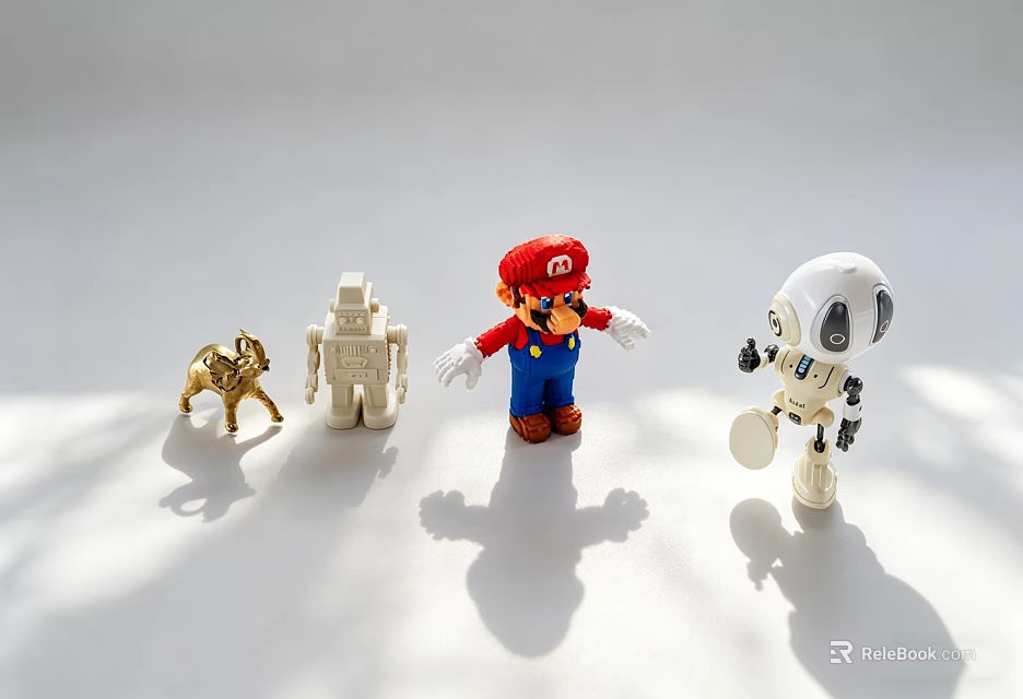 Toy Dolls Including Mario Robot and Animal Figures on White Background with Shadows 3d model 