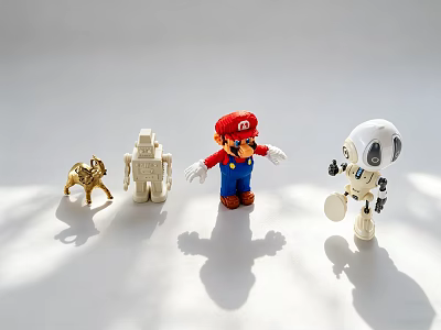 Toy Dolls Including Mario Robot and Animal Figures on White Background with Shadows 3d model