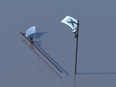 Two Outdoor Lights with Flags Featuring Airplane Design and Black Poles 3d model