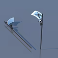 Two Outdoor Lights with Flags Featuring Airplane Design and Black Poles 3d model